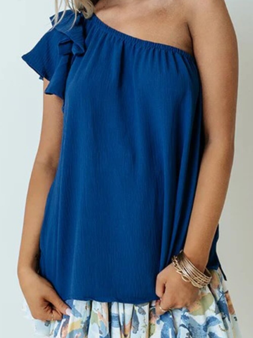 Blue cold shoulder shift top